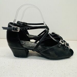 Comfort Dance Shoes The Strappy Black Leather Strappy Block Heel Salsa Sz 5.5
